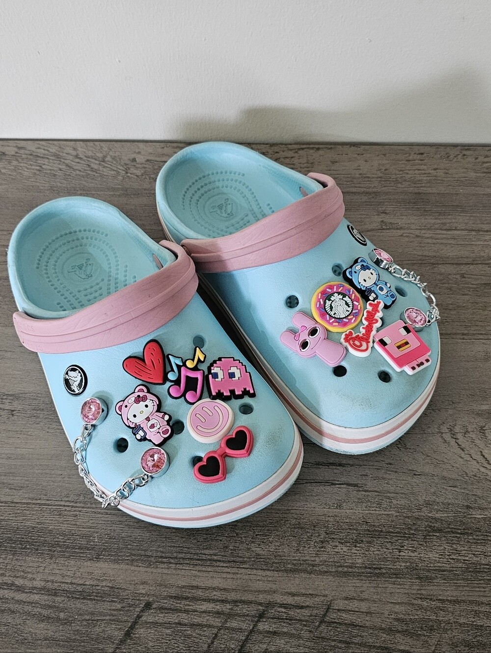 CROCS Kid Light Blue Clog Sandal Pink Trim Charms Girl J 3 Hello Kitty Minecraft